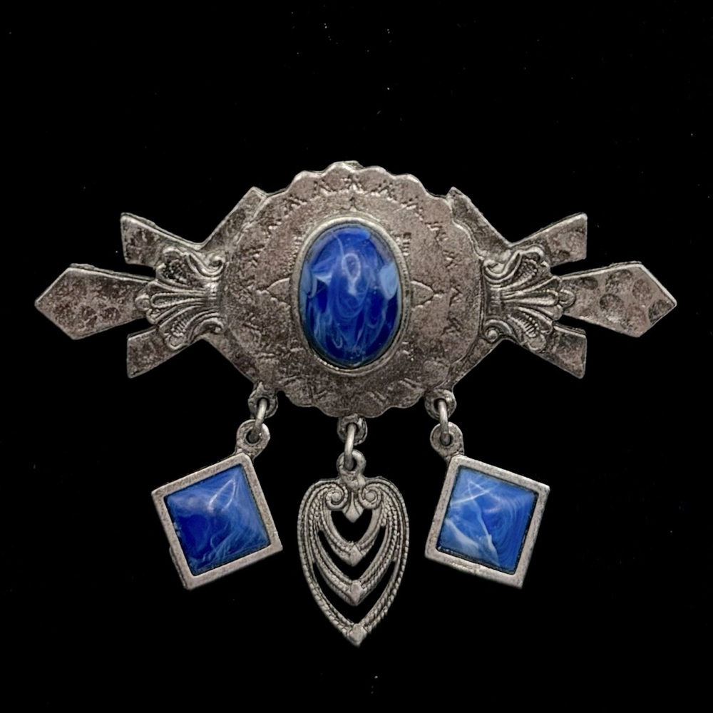 VINTAGE Blue Marbled Stone Dangle Brooch